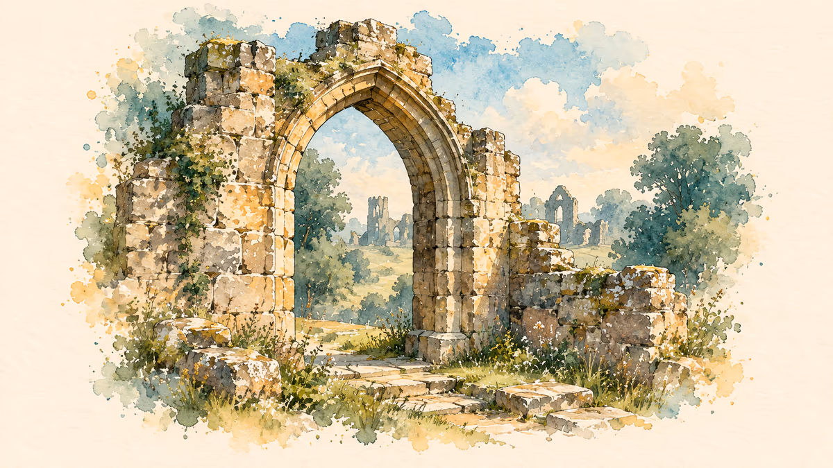 Watercolour illustration of a generic medieval stone arch and wild grasses