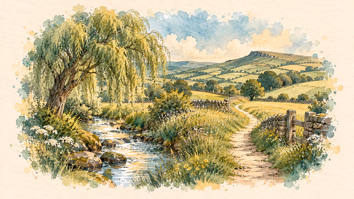 Watercolour illustration of a countryside path, willow and stream