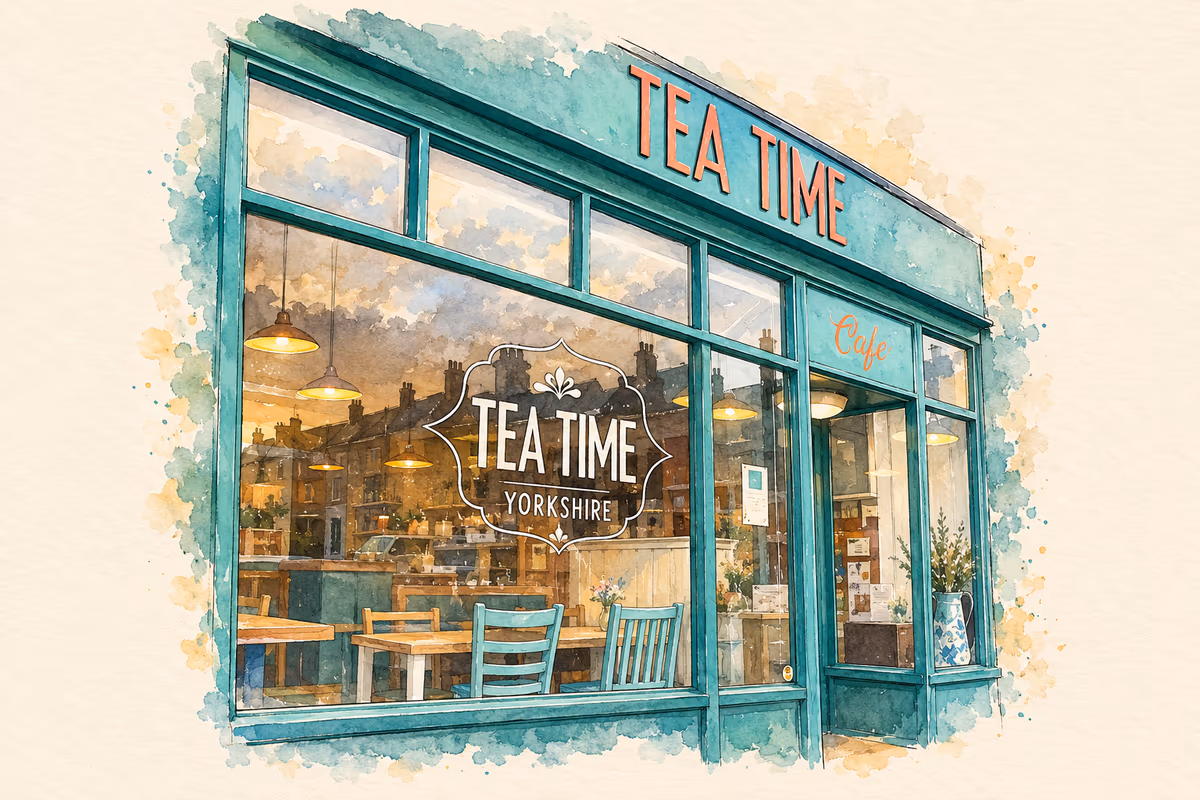 Watercolour illustration of Tea Time Cafe's teal shopfront on Market Place