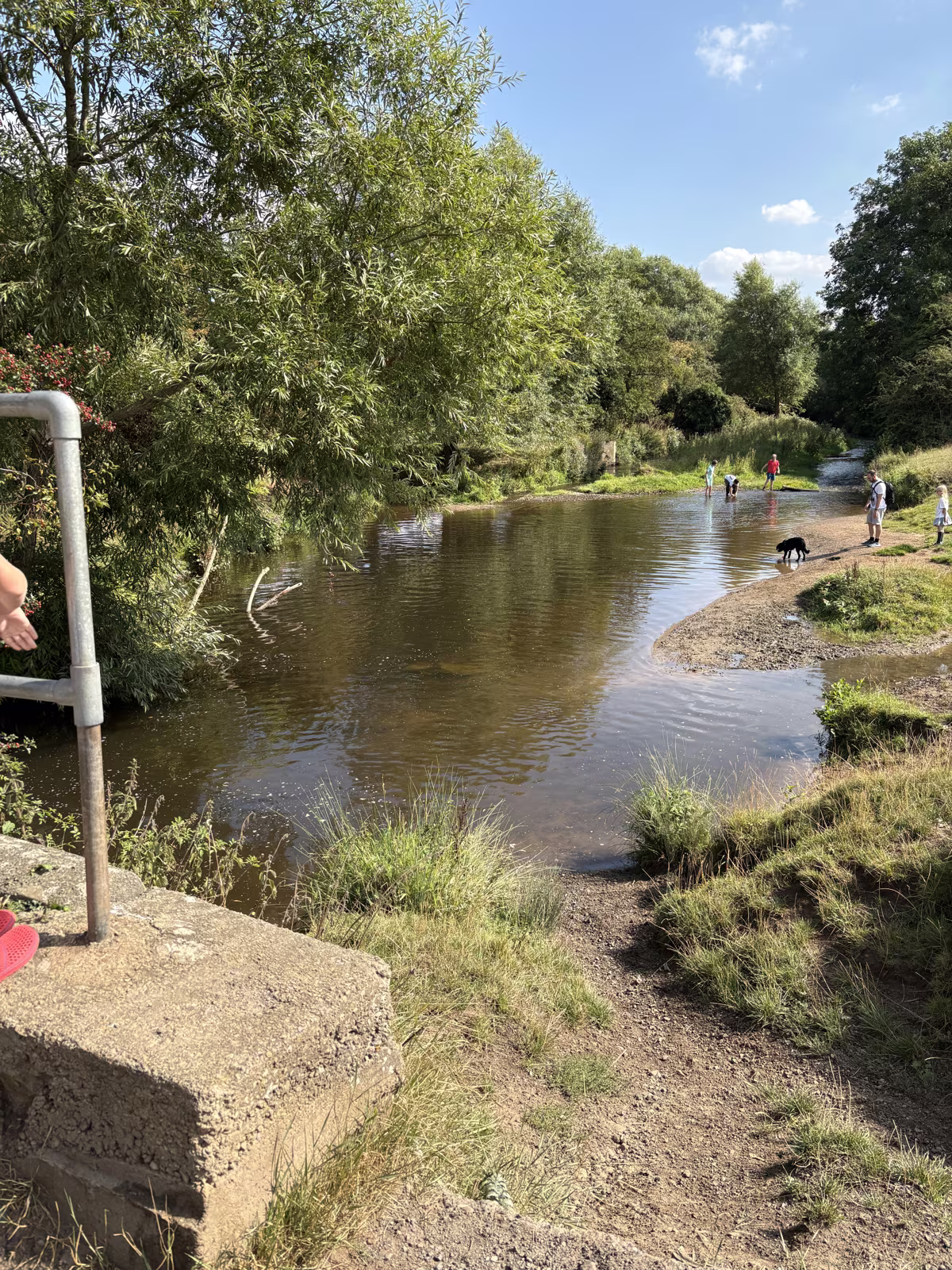 The shallow stretch where families paddle, seen from the footbridge with walkers and a dog on the far bank