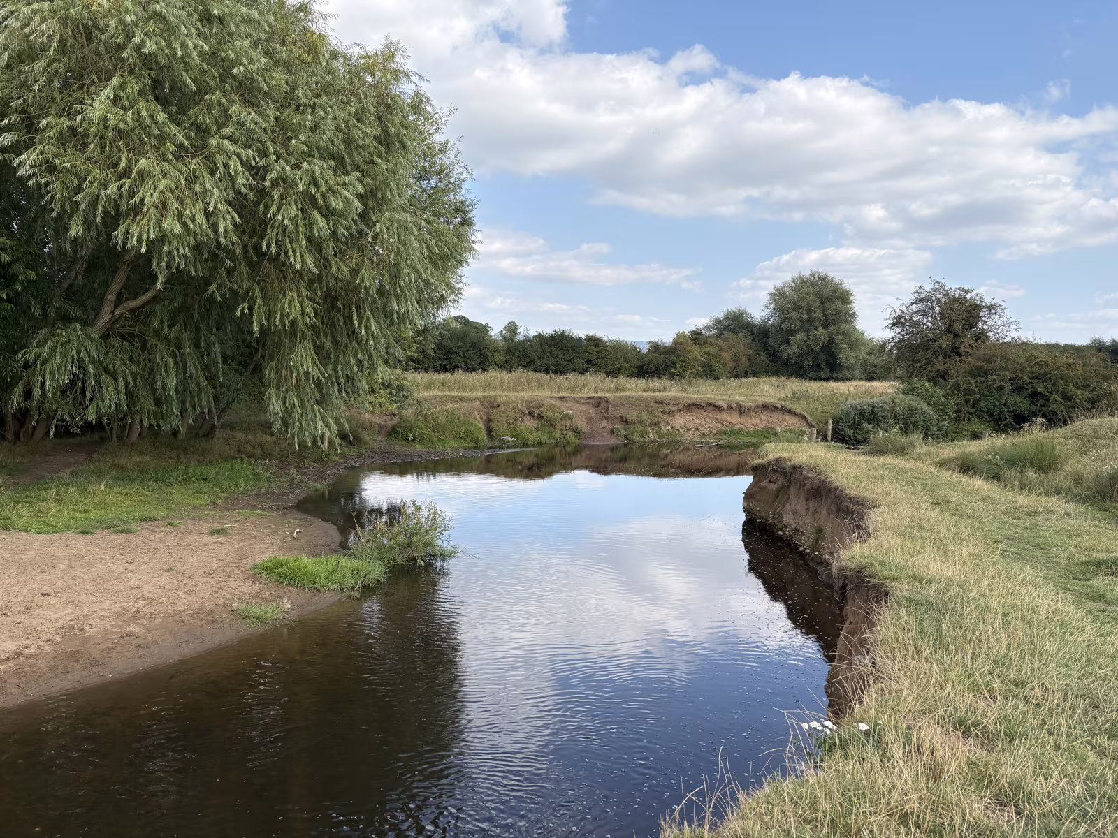 A pale sand and shingle bank on the inside of a meander, with the cut bank opposite
