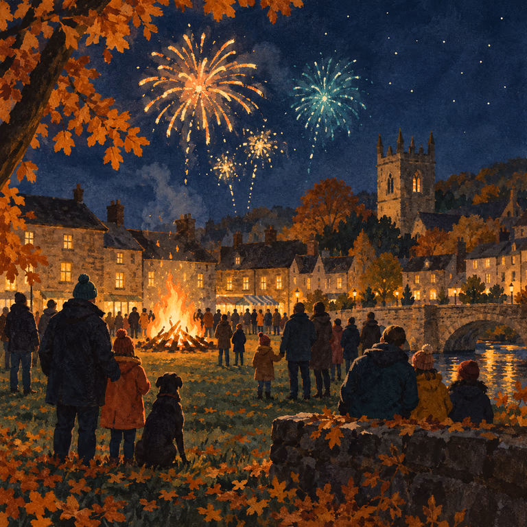 Illustration of a bonfire and fireworks at dusk