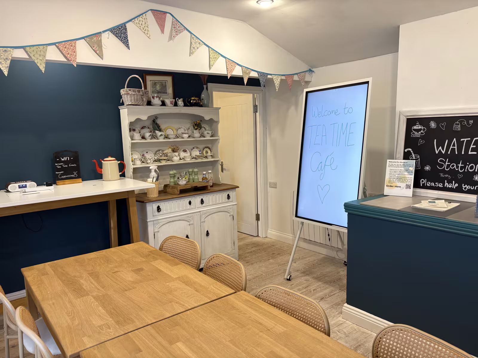 The upstairs room at Tea Time Cafe, set up for co-working
