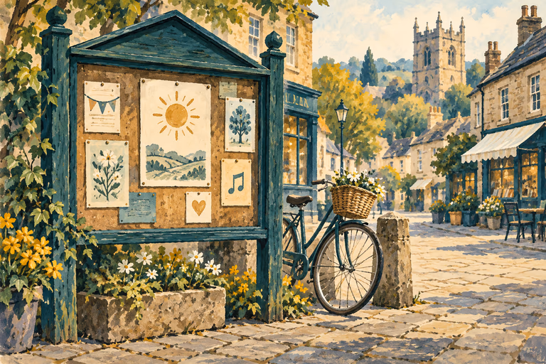 Illustration of a town noticeboard and a bicycle