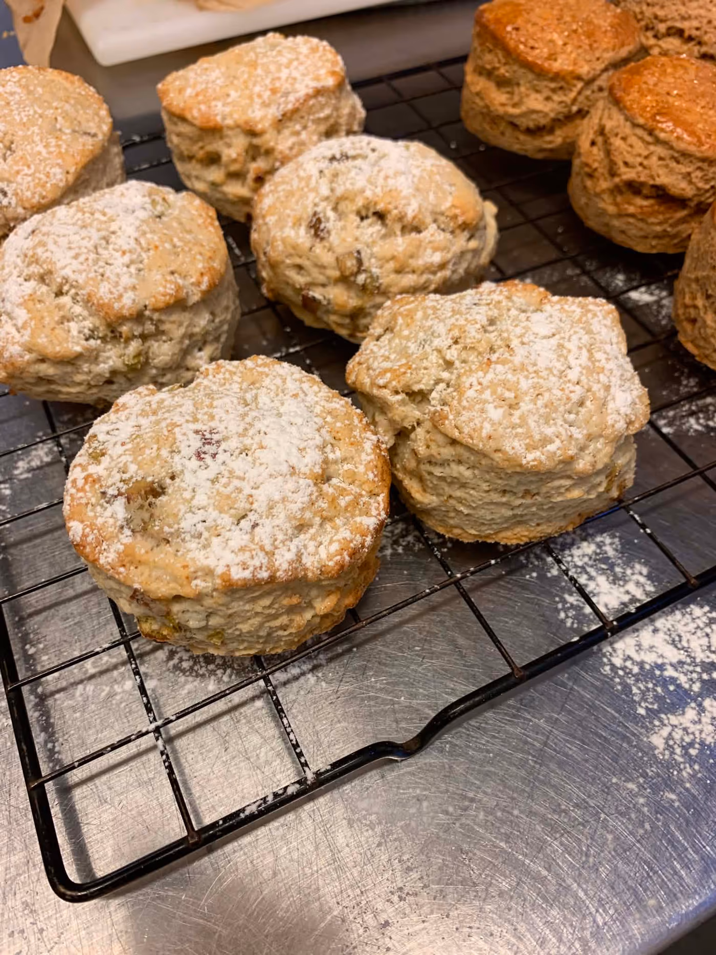 Rhubarb scones dusted with icing sugar cooling on a rack, with darker brown sugar scones behind them