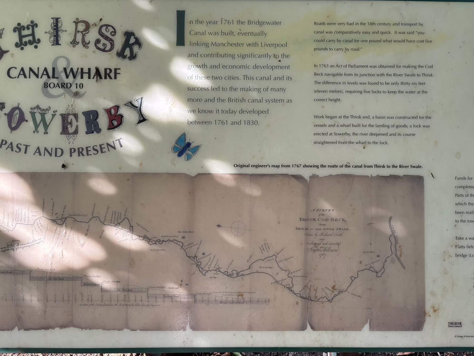 Interpretation board 10 on the walk, headed Thirsk Canal Wharf and Sowerby Past and Present, carrying the original 1767 engineer's survey of the intended Cod Beck navigation
