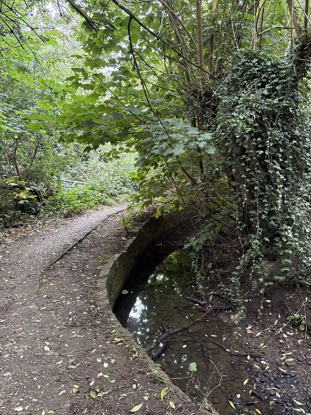 The brick arch is the crossing most people miss from their count: the path passes over it without announcing the water below. Decide before you start whether it scores
